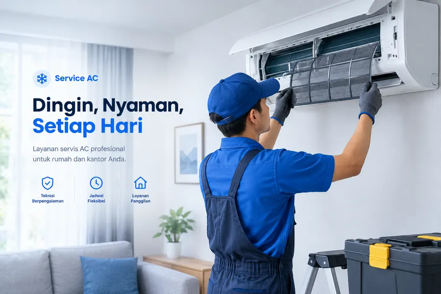 Teknisi profesional sedang membersihkan AC